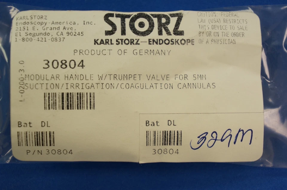 Karl Storz 30804 Modular Mango Con / Trompeta Válvula Para 5mm Succión Cannulas - Imagen 2 de 4