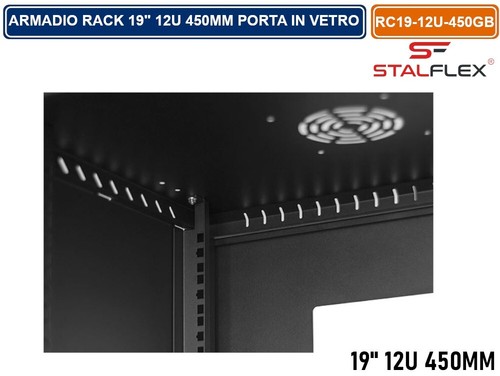 ARMADIO RACK 19" 12U 450MM A PARETE NERO RAL-9005 SPORTELLO IN VETRO REVERSIBILE - Foto 5 di 5