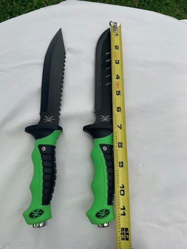 2 TAC XTREME Fixed 12" Black Blade Knife w/Sheaths Green and Black Handle - Picture 5 of 9