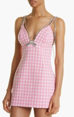 area deco bow mini dress $1395 New Area Deco Bow Mini Dress Houndstooth Wool Cotton Pink Crystals 10