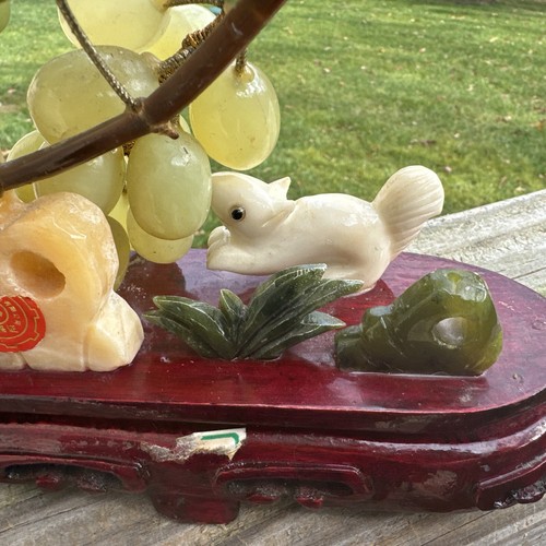 Jade Grape Bonsai Tree Sculpture Vine Marble Stone China Asia Squirrel And Bird - Picture 14 of 17