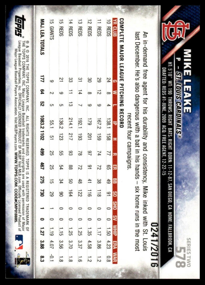 2016 Topps #578 Mike Leake Gold #/2016 - Image 2 of 2