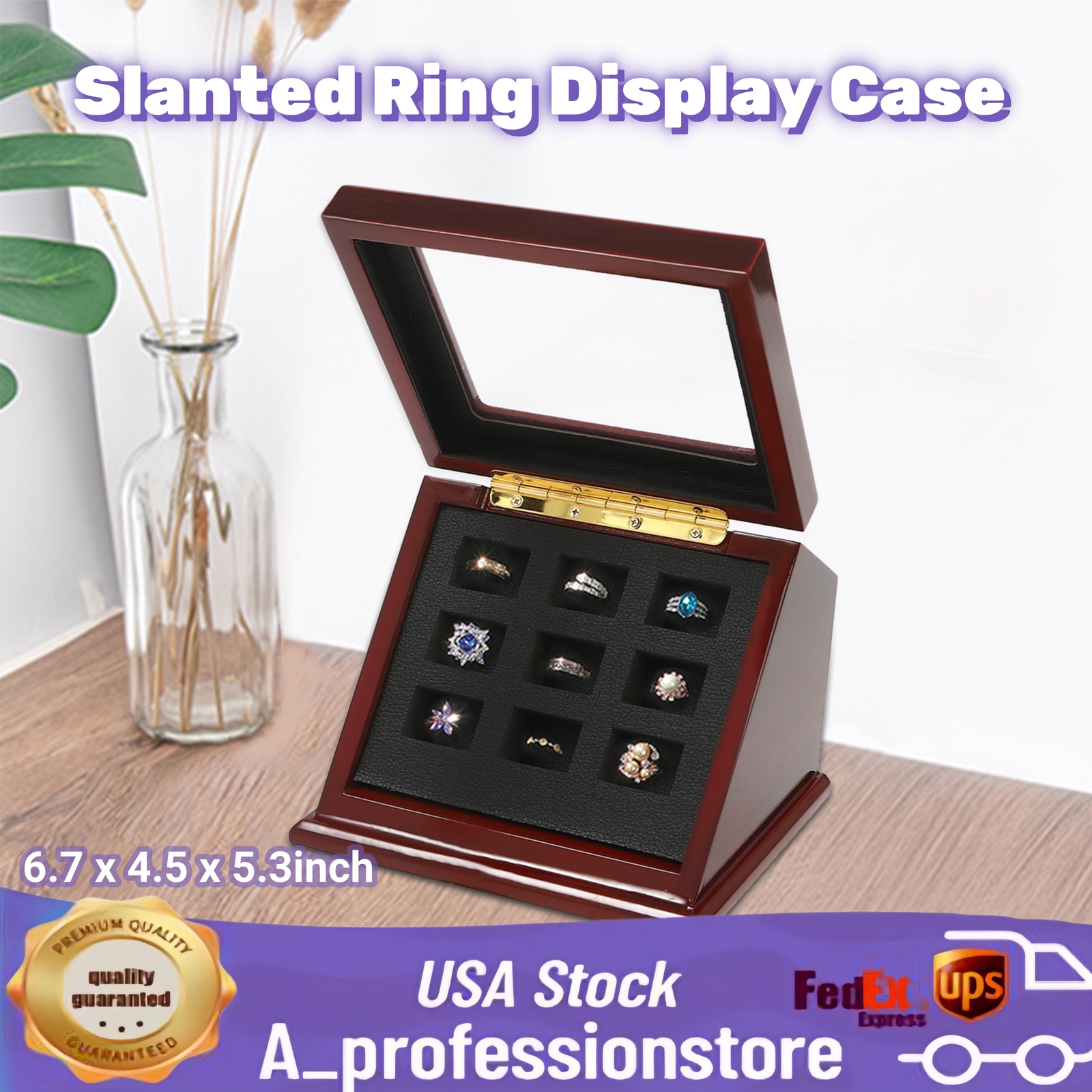9 Holes Ring Organizer Box Elegant Slanted Ring Display Case Wood Stand Holder