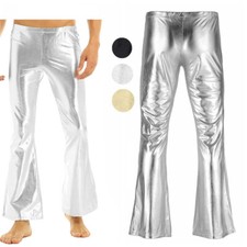 Men's Shiny Metallic Bell Bottom Pants 70s Disco Party Nightclub Flared Leggings