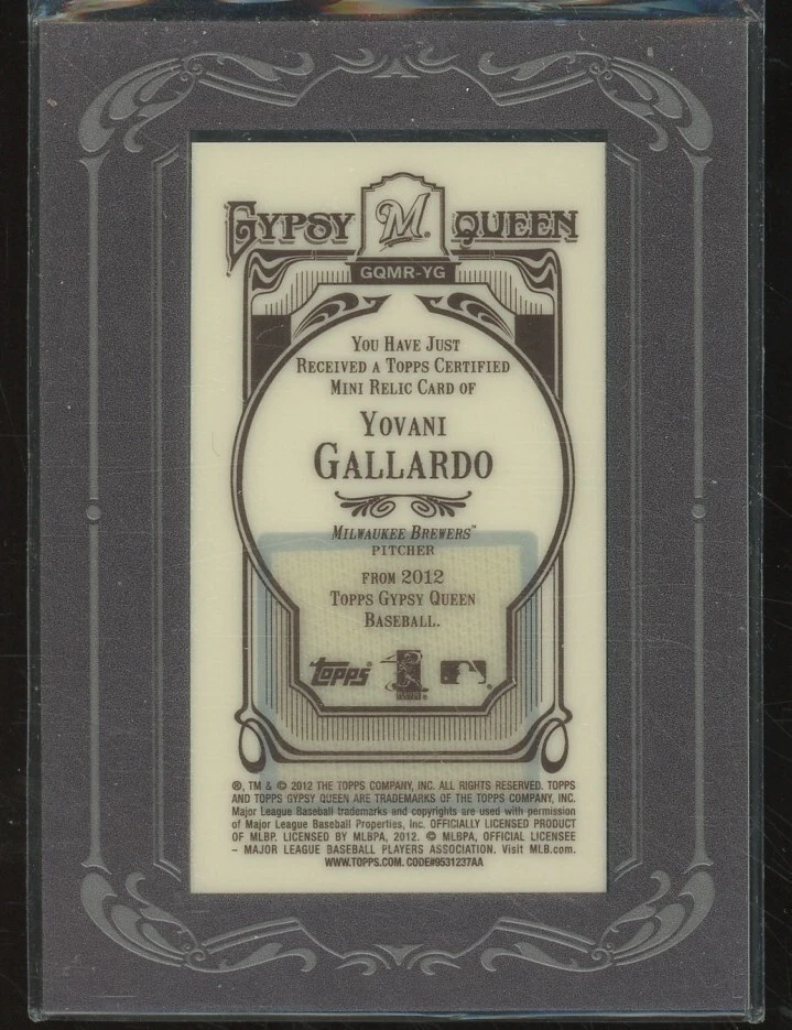 2012 Topps Gypsy Queen Framed Mini Relic Yovani Gallardo #GQMR-YG - Image 2 of 2
