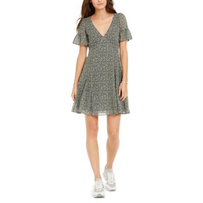 Michael Michael Kors Printed Flutter-Sleeve A-Line Dress - Black/ Evergreen Michael Michael Kors Printed Flutter-Sleeve A-Line Dress - Black/ Evergreen