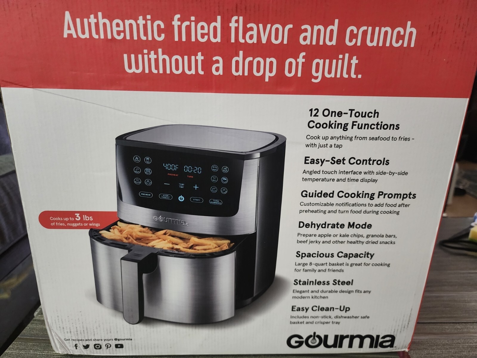 Gourmia 8Quart Digital Air Fryer Cooking Stainless Steel w/ Angled