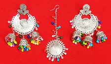 Tribal Belly Dance Oxidised Silver With tika Design RoundEarrings for Women Girl