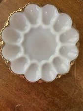 Vintage Anchor Hocking White MILK GLASS Deviled Egg Plate Platter with GOLD TRIM
