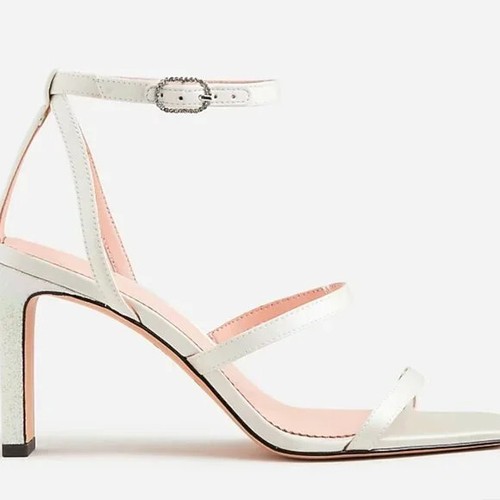 J Crew Ava Strappy Glitter Heels, Satin, White Wedding Shoes, Evening, 9M Boxed - Picture 3 of 8