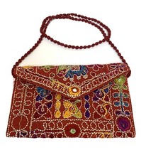 Indian Souvenir Clutch Bag Red Cotton Embroided Elephant With Magnetic Closure