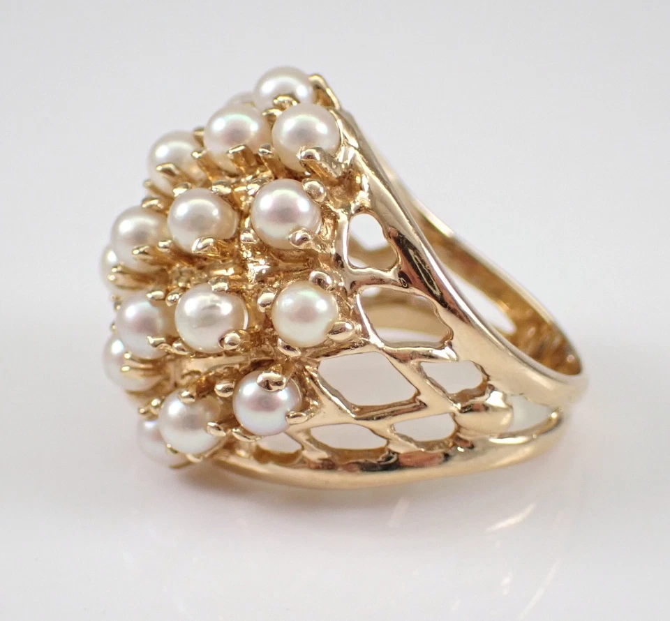 Anillo de compromiso vintage de perlas blancas genuinas de corte redondo de 3 quilates enchapado en oro amarillo de 14 quilates Foto 4 de 4