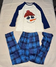 CHRISTMAS PJ SET W/SNOWMAN FACE KIDS SIZE 10T BLUE PLAID PANTS CUTE NEW