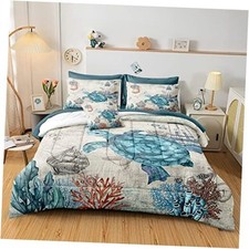 Sea Turtle Comforter Set Ocean Beach Bed in a Bag 6 Pieces Nautical Twin Blue
