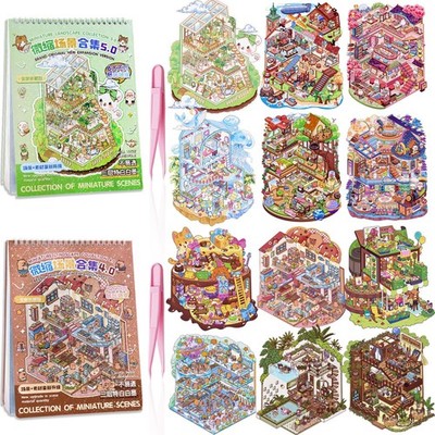 Kunoli 20 sets DIY 3D huisstickers scène kit, stickertherapie, stressverlichting, creatieve scène stickerboek met 30 PET-stickers, 20 miniatuurhutten