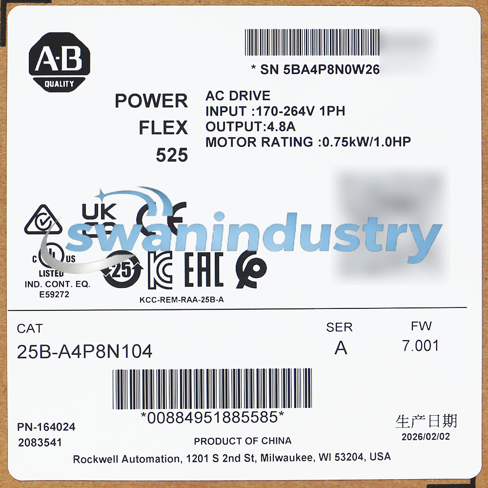 2025-2026 New 25B-A4P8N104 Allen Bradley PowerFlex 525 0.75kW (1Hp) AC Drive