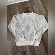 VTG Fair Isle Nordic Icelandic Sweater Pattern Retro Hippie Boho Gray Blue M L