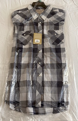 #ad Navy Gray Snap 2XL Button Up Short Sleeve Shirt Wrangler Retro Plaid Ariat NWT $19.50