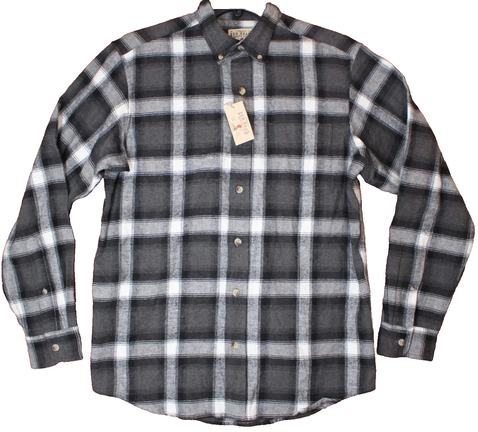 Red Head LS Button Up Flannel Shirt Mens M Black Gray & White Plaid Cotton NWT