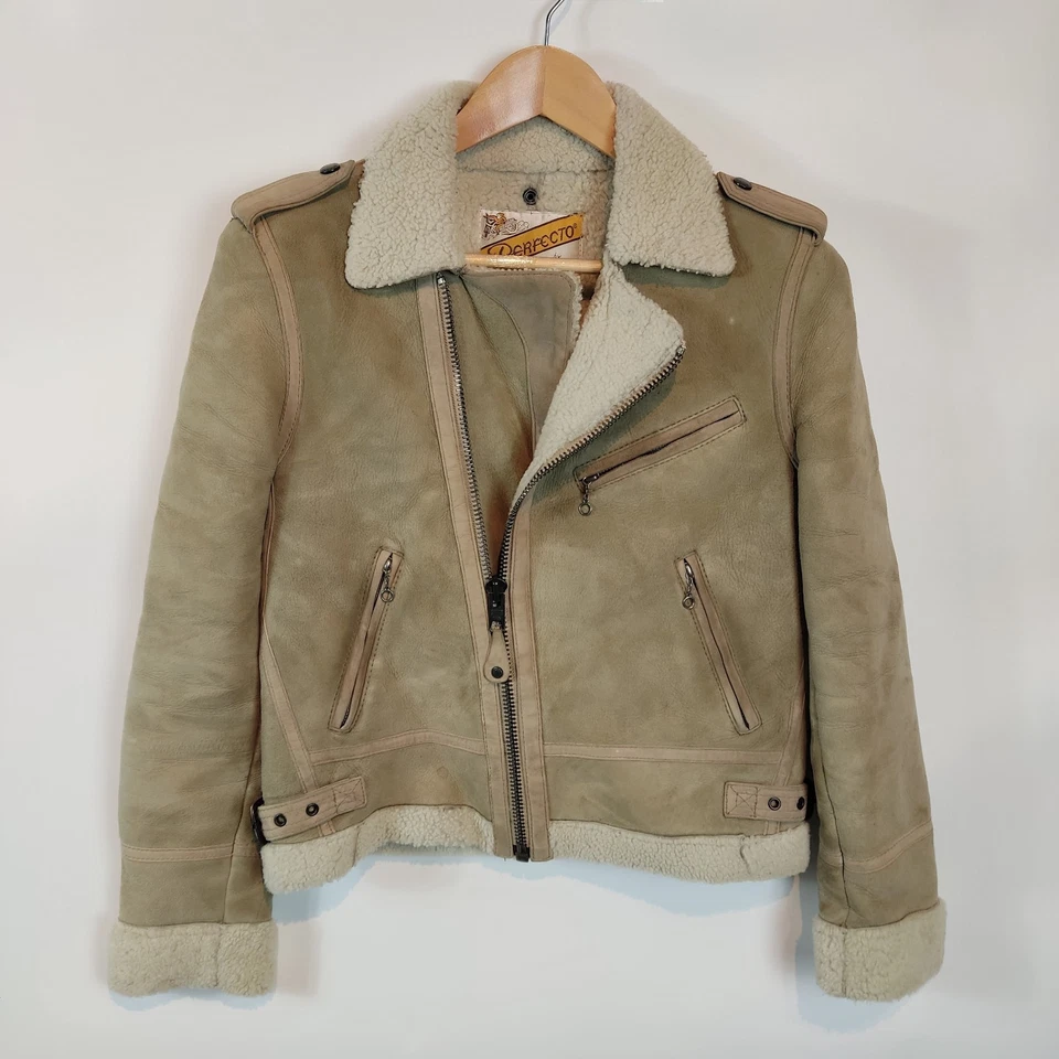 Schott Perfecto Suede Leather Jacket XS Sherpa Lined Fleece USA Made Size 34 - Image 3 of 4