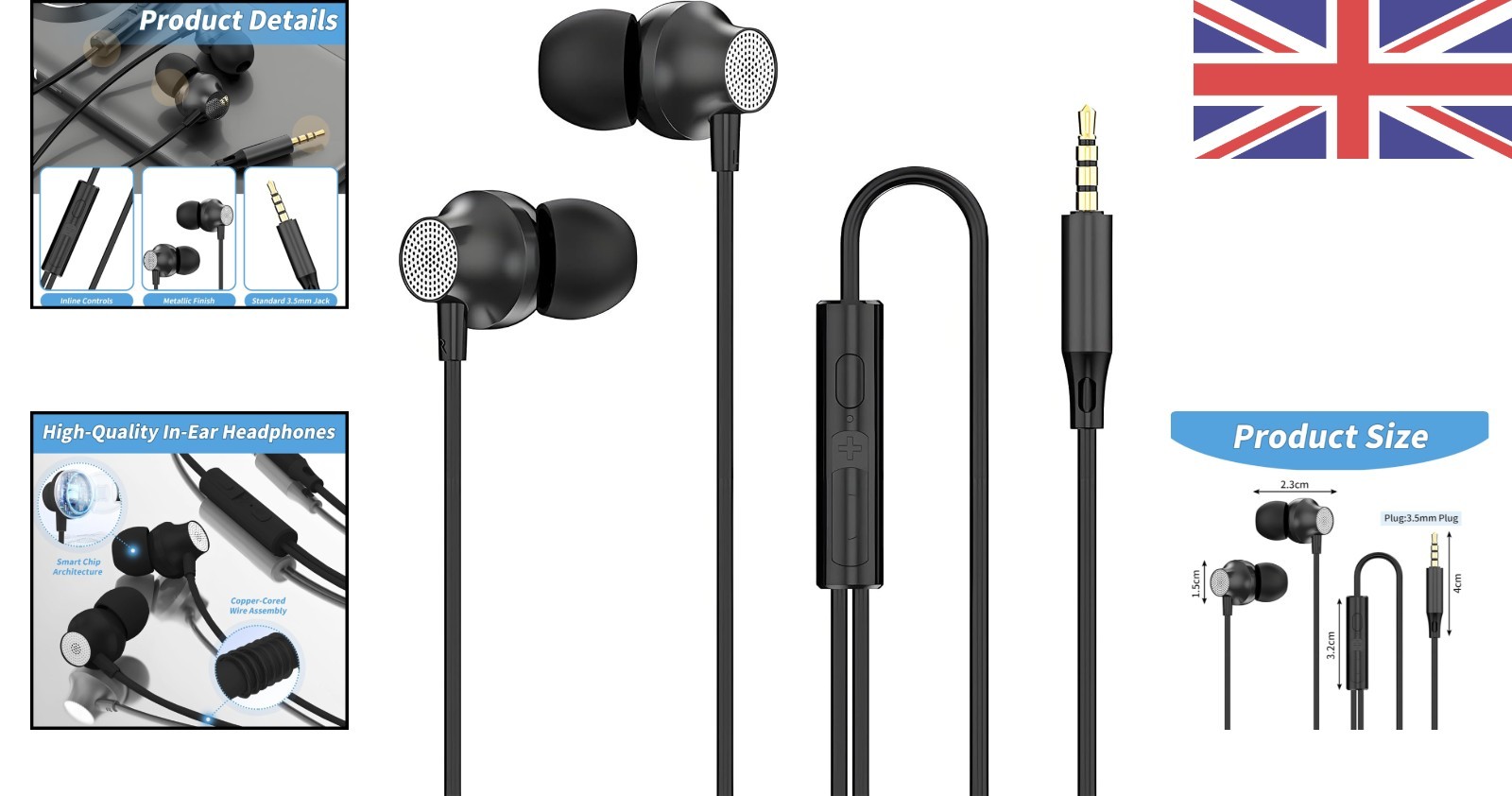 Dynamic Sound In-Ear Earphones with Built-in Microphone – 3.5mm Jack, Black