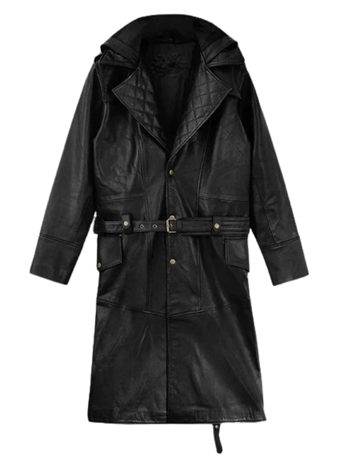 Mens Black Lambskin Leather Hooded Trench Coat Full Length Duster Overcoat Wears image 9