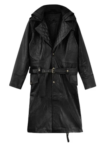 Mens Black Lambskin Leather Hooded Trench Coat Full Length Duster Overcoat Wears image 9