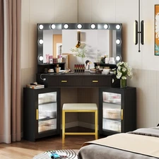 Gurexl Corner Vanity Desk with Mirror and Cabinets, Makeup Table with LED Lights