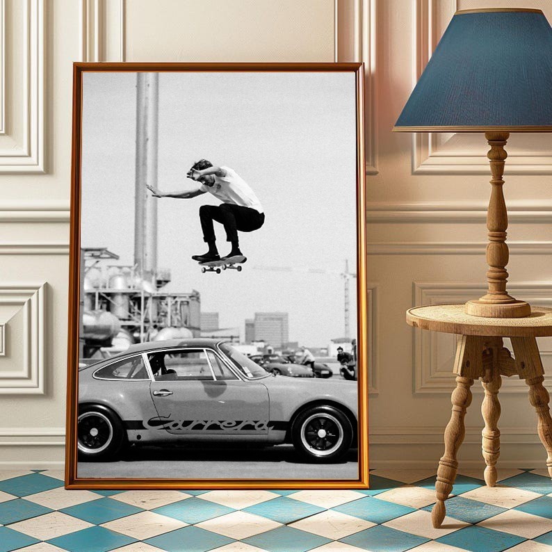 Vintage Skateboard Ollie Over Classic Porsche Black And Whit