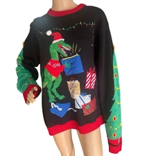 33 Degrees T-Rex Dinosaur Christmas Sweater Lights Gifts Tree Black 2XL