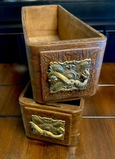 2 Antique Carved Wood Sewing Machine Drawers With Ornate Metal Pulls 12” X 4” ID