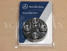 Mercedes-Benz Genuine Tire Valve Stem Cap Set, Silver Star on Black Caps OEM OE