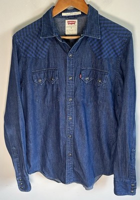 Levi's Slim Fit Men's Shirt Size M Western Denim Check Patched Pockets Like New