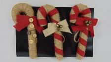 New Rustic Burlap Candy Cane Christmas Ornaments 3 Jute Farmhouse Bells Buttons