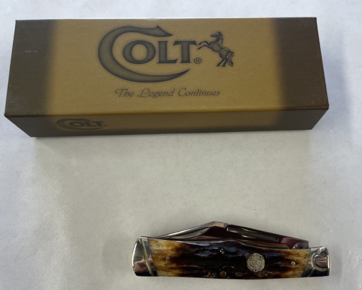 COLT CT201 GUNSTOCK SINGLE BLADE BONE STAG POCKET KNIFE W/BOX NOS