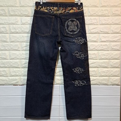 Ryugi Herren Denim Jeans Hose Jet Black Dragon Embroidered Bue Größe 32