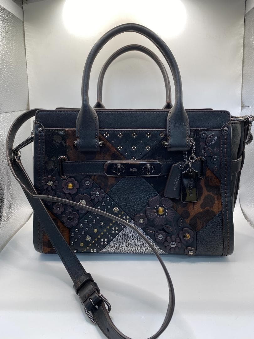 COACH Patchwork Leather Shoulder Bag Studs Flower… - image 1