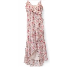 Express Floral Ruffle Maxi Dress Pink Purple Rose V-Neck Spaghetti Strap Medium