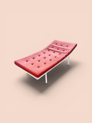 Mid Century Modern Vintage MCM Tufted Vinyl Metal Frame Chaise Lounge Daybed