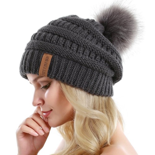 Women Knit Slouchy Beanie Chunky Baggy Hat with Faux Fur Pompom Winter Soft W... - Picture 3 of 6