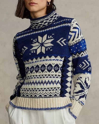 Polo Ralph Lauren Women's Fair Isle Turtleneck Sweater - Blue - Size Large - Cream Blue Multi