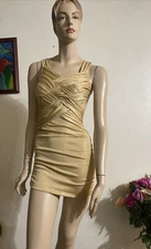 Women’s Gold Polyester Cocktail Stretch Slim Pleated  Lined Tie Size S Sundress