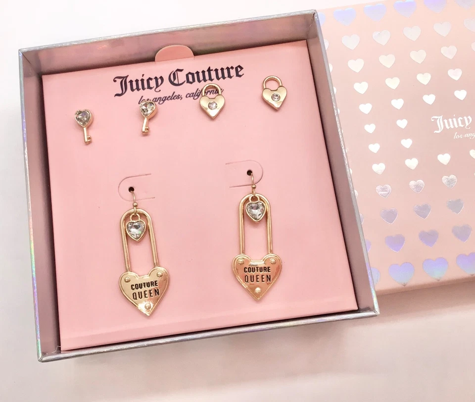 Nuevo Juicy Couture Vidrio Cristal Candado Corazón Gancho Aretes Conjunto 3 Foto 2 de 4