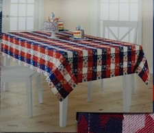 Celebrate Americana Star Red White Blue Woven Plaid 60x84 Oblong Tablecloth