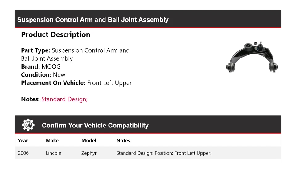 Conjunto de rótula de brazo de control delantero izquierdo superior MOOG para Lincoln Zephyr 2006 Foto 2 de 4
