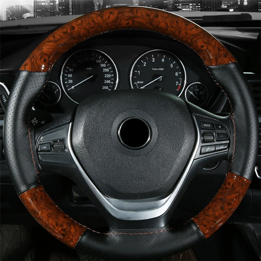 Car SUV Peach Wood Leather Steering Wheel Cover With Needles Booster Protector - Image 4 of 4