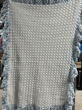 Handmade Crocheted Baby Afghan White And Blue 44 x 34