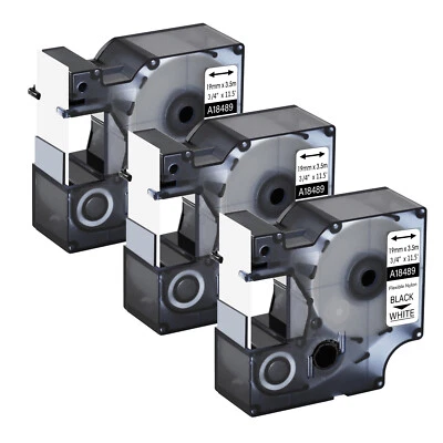 DIGI 3PK 18489 Black on White Flexible Nylon Label Tape for Dymo Rhino 5200 6000 3/4"