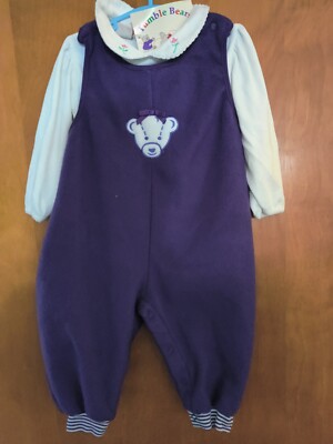 Vintage Tumble Bear Two Piece Set Shirt & Romper Purple Bear Soft Baby Girls
