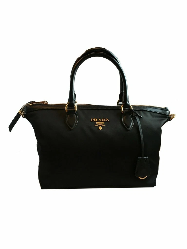 Borsa Prada Tessuto Re Nylon Pelle Nera Clochette Tracolla Tote Bag Nuova con etichette